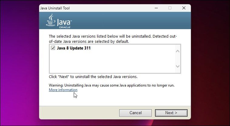 uninstall java Windows