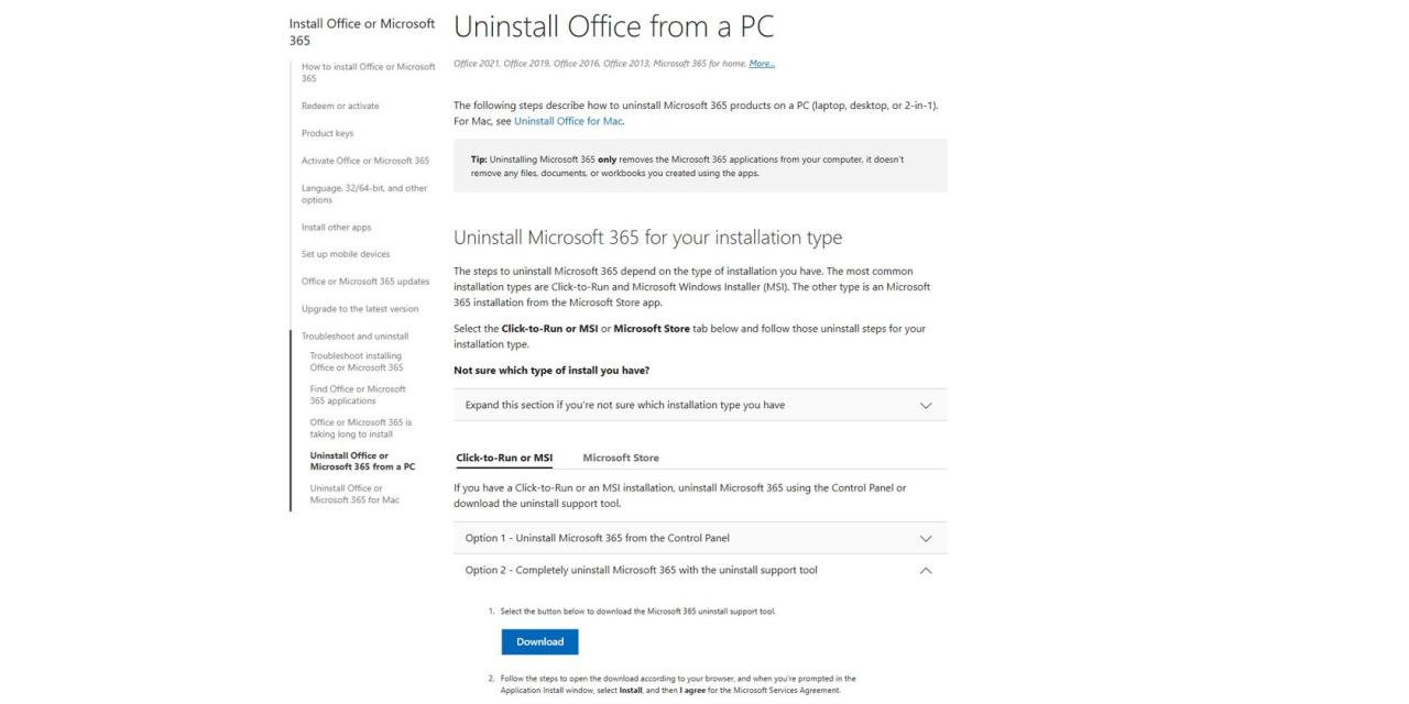 Uninstall Office from a PC support page