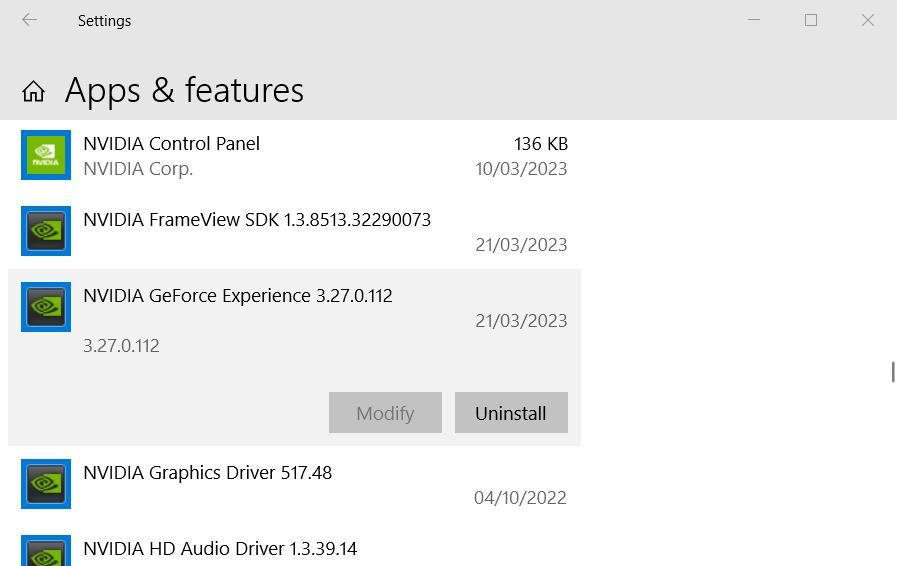 The Uninstall option for NVIDIA GeForce Experience