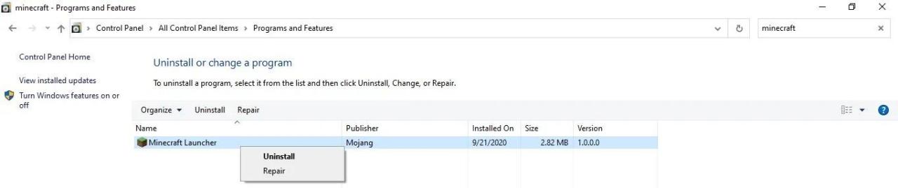 uninstalling minecraft in the control panel