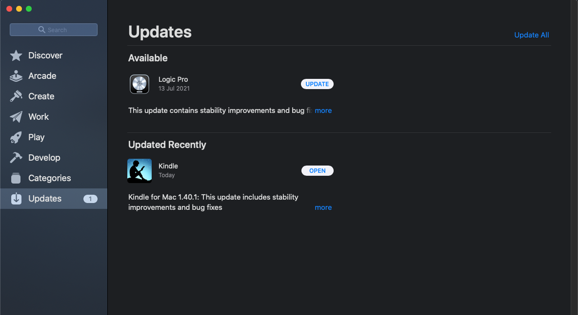 Available Logic Pro update in App Store on Mac