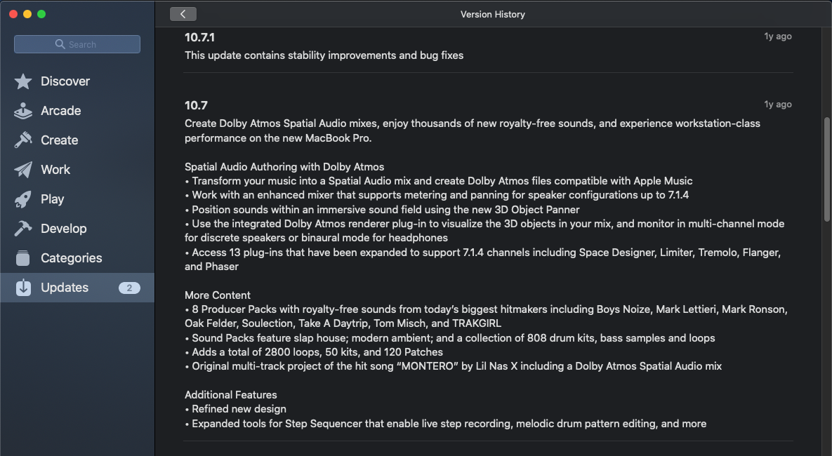 List of the update history for Logic Pro on the App Store