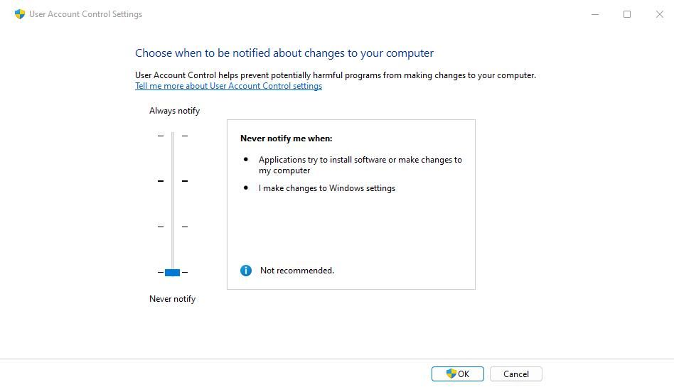 The User Account Control Settings window 