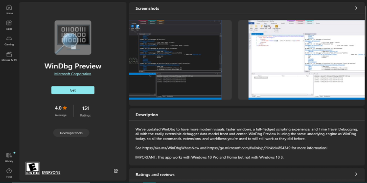 WinDBG preview on Microsoft Store