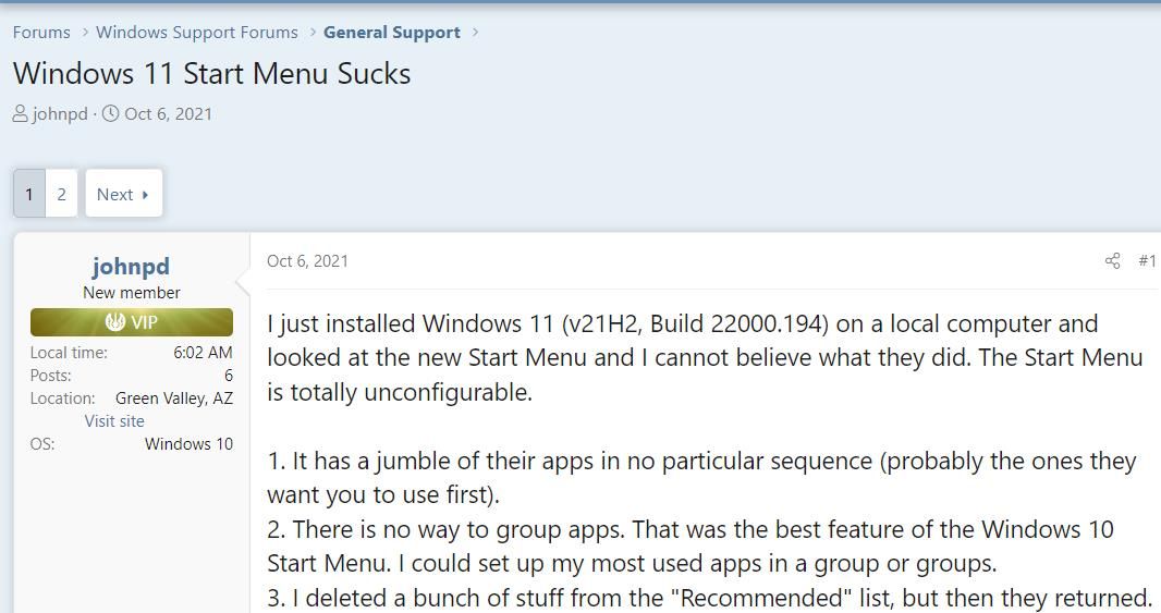 A user\'s forum post about the Windows 11 Start menu 