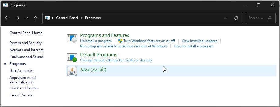 windows control panel Java 32 bit programs