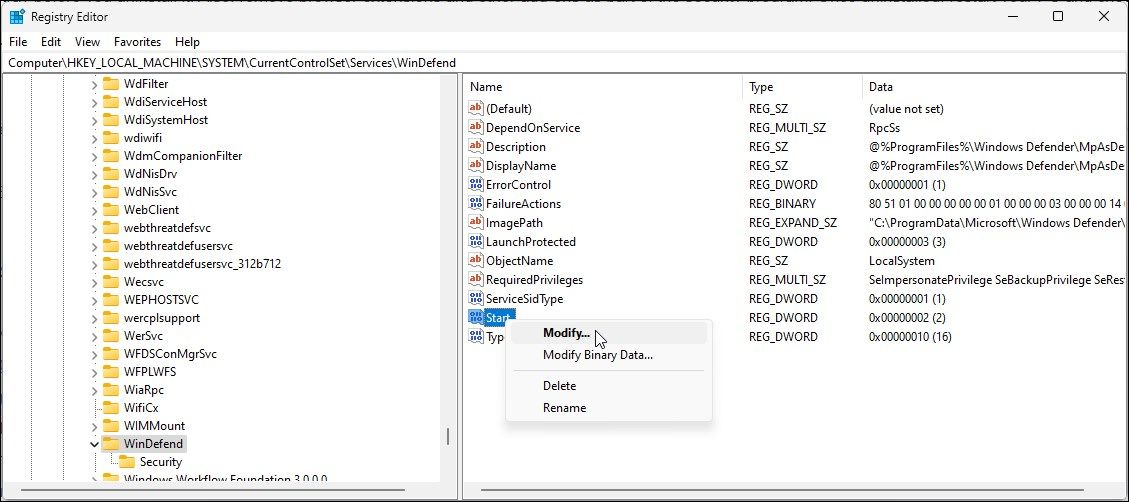 windows defender registry editor windefend start modify