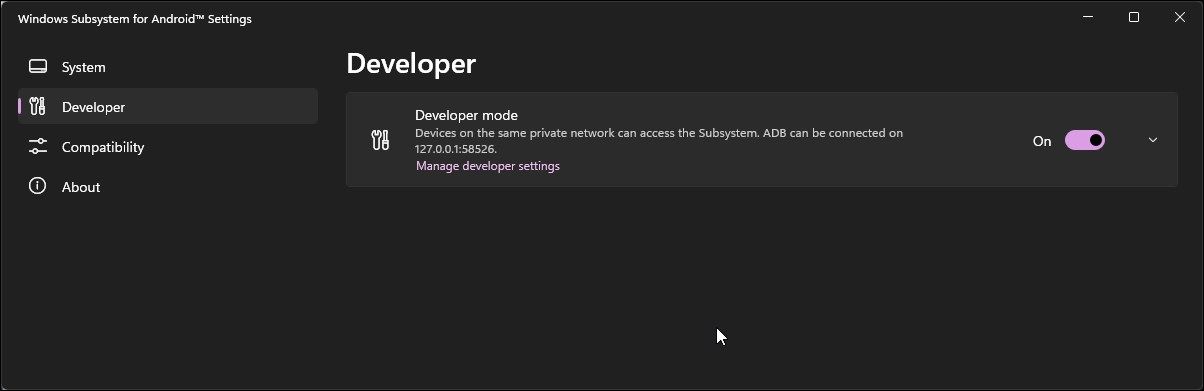 Windows subsystem for android enable developer mode