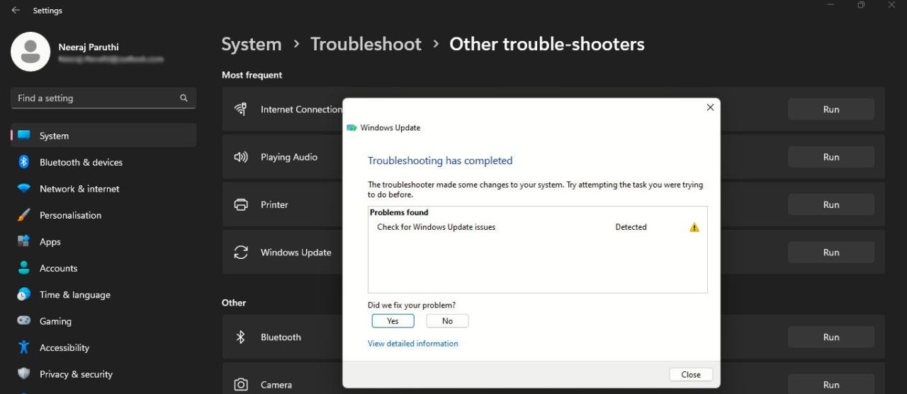 Windows Update Troubleshooting Complete Window