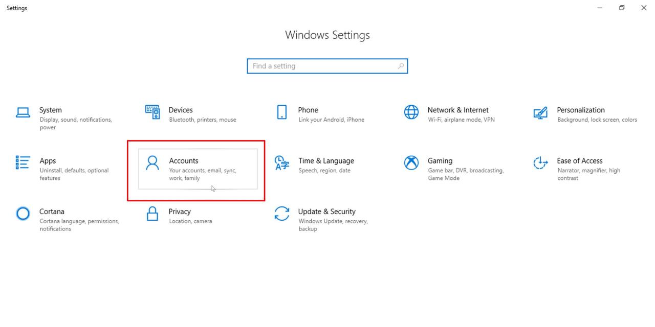 Get to Accounts via the Control Panel