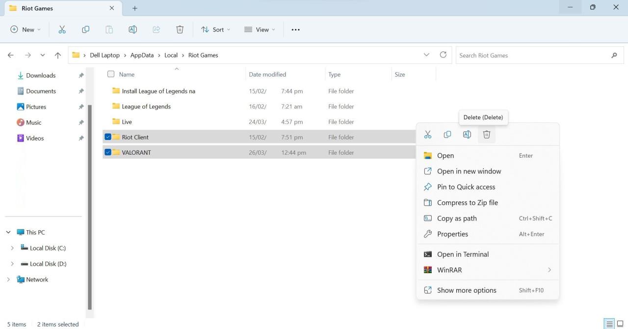 Delete the Cached Data and Logs of Riot Client and Valorant From Riot Games Folder in Windows File Explorer