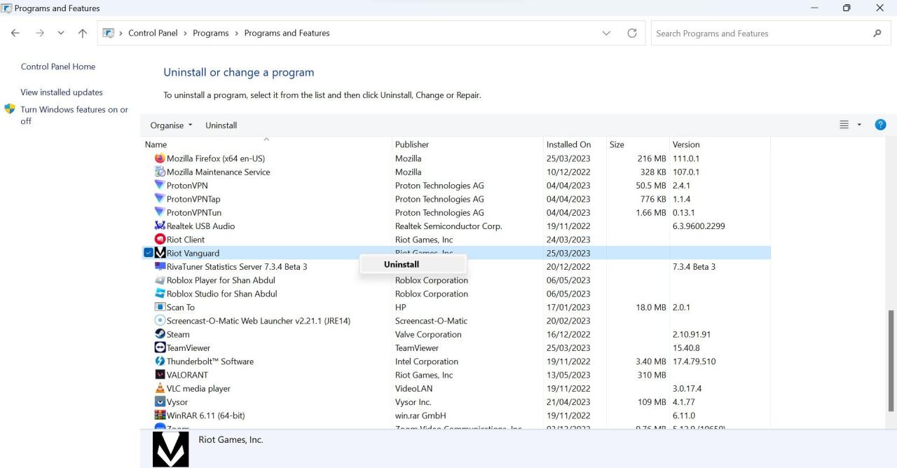 Uninstall Riot Vanguard From Windows Control Panel