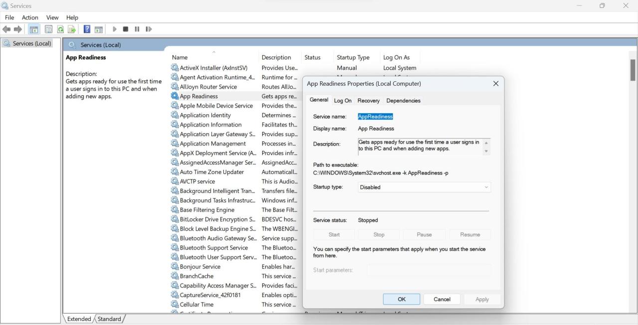 Disable App Readiness Service in the Windows Services App