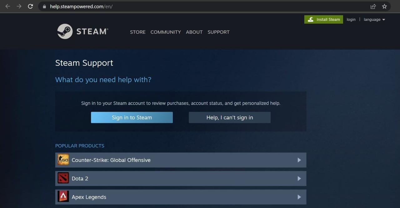 Click Sign In to Steam Option on the Steam Support Page