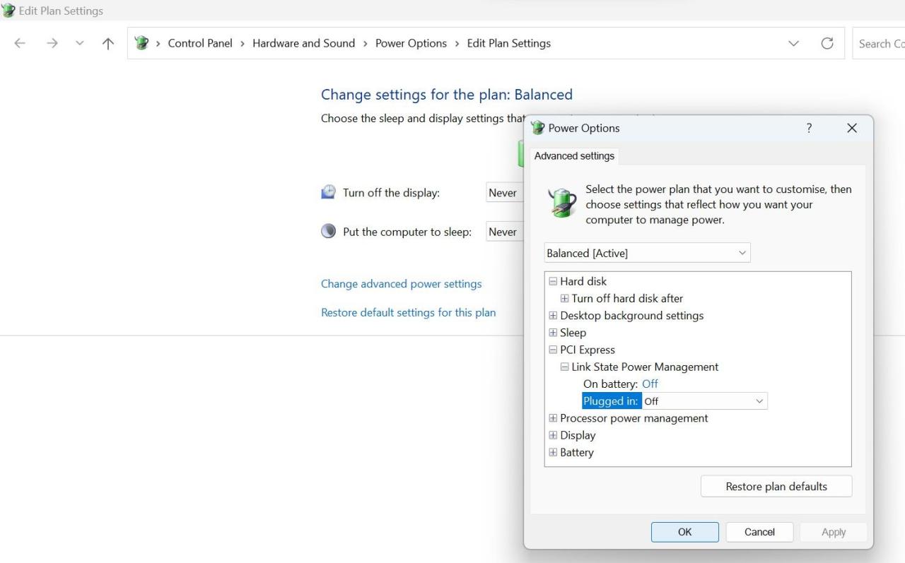 Turn Off the On Battery and Plugged In Modes in Link State Power Management Settings