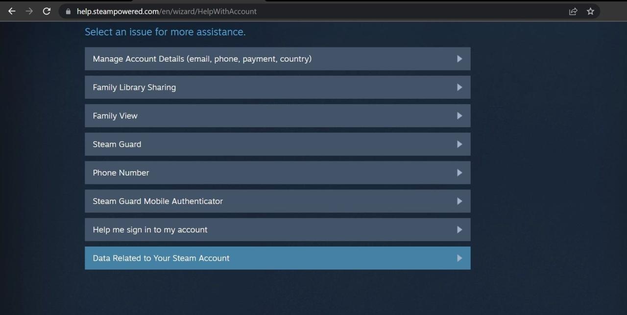 Click on Data Related to Your Steam Account on the Steam Support Page