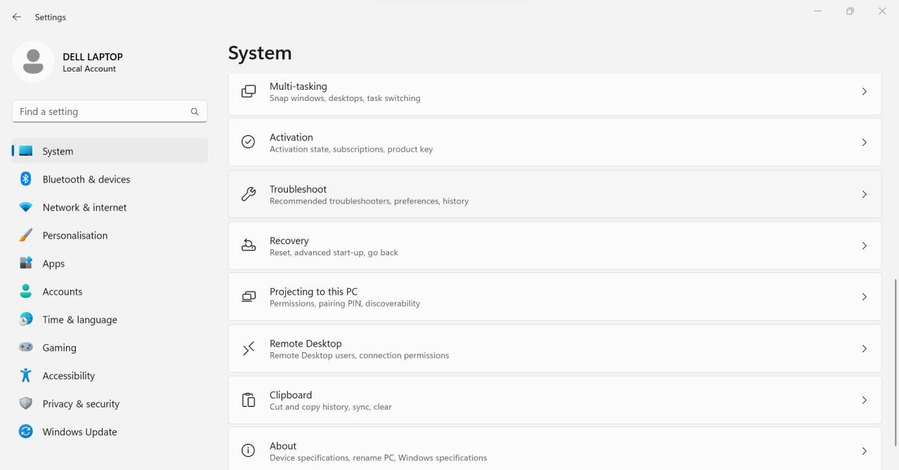 Clicking on the Troubleshoot Option in the System Tab of the Windows Settings App