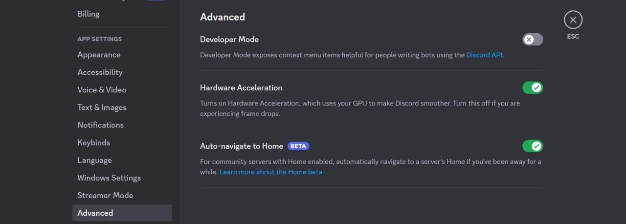 Turn Off the Toggle Next to Hardware Acceleration in Advanced Tab of App Settings in Discord