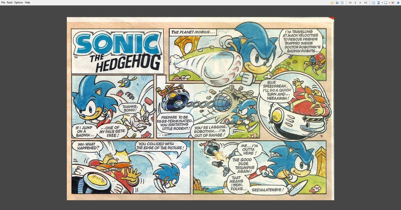 Screenshot of CDisplay EX, showing a Sonic the Hedgehog comic strip with automatic color correction applied