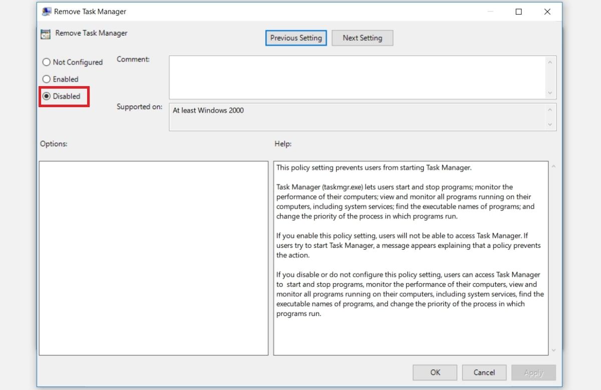 Clicking disabled to fix the Task Manager in Local Group Policy