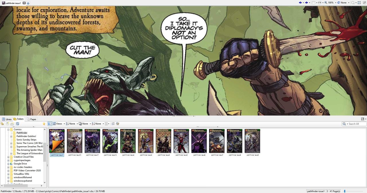 Screenshot of ComicRack showing a comic in the top half of the reader and a library system on the bottom. 