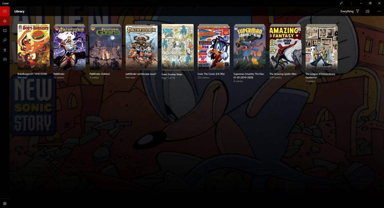 screenshot from computer app depicting a library filled with various books and comics, with some UI elements over to the left of the screen. The background is mostly devoted to a faded fullscreen pictures of Sonic the Hedgehog from the cover of one of the comics in the library. 