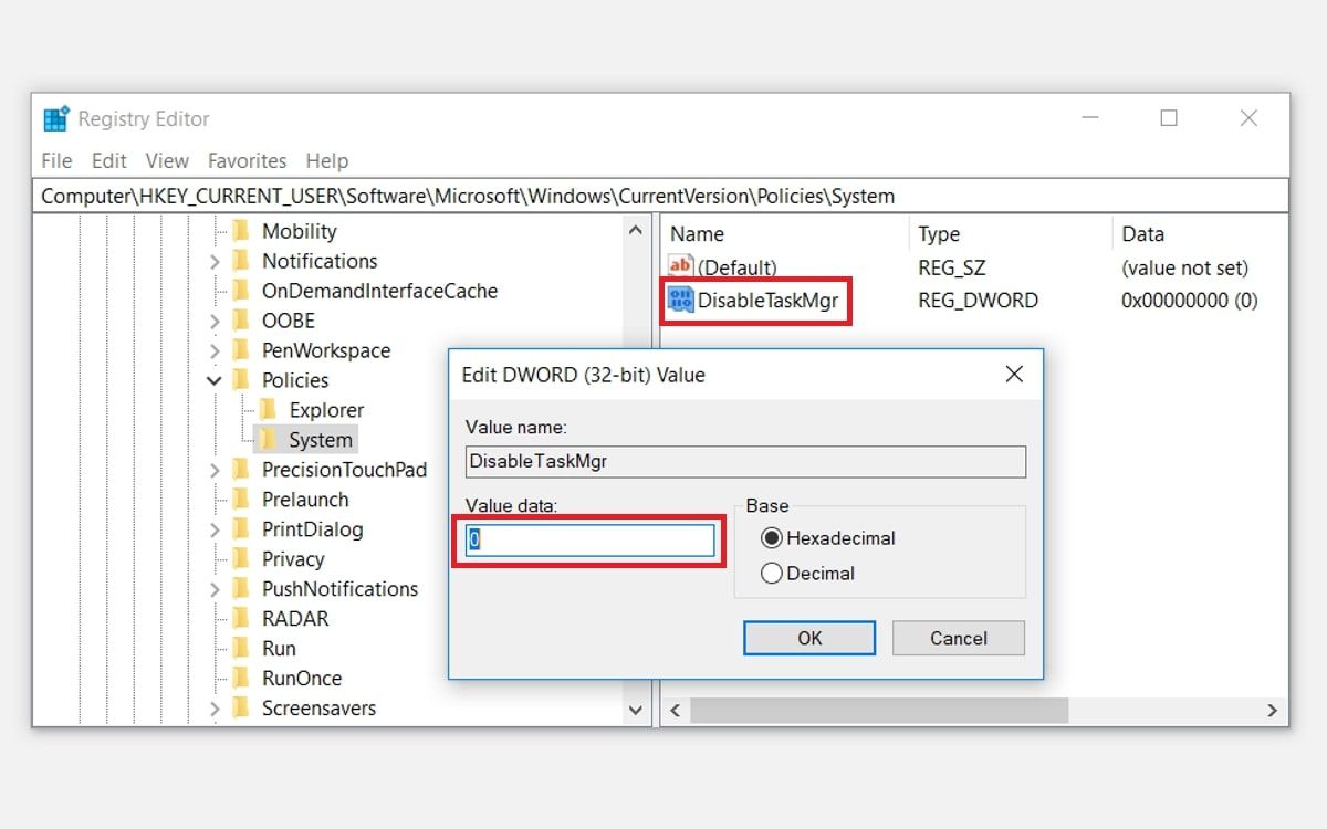 Enable the Task Manager in Registry Editor