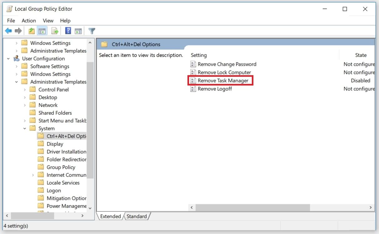 Navigating to the Remove Task Manager option in Group Policy Editor