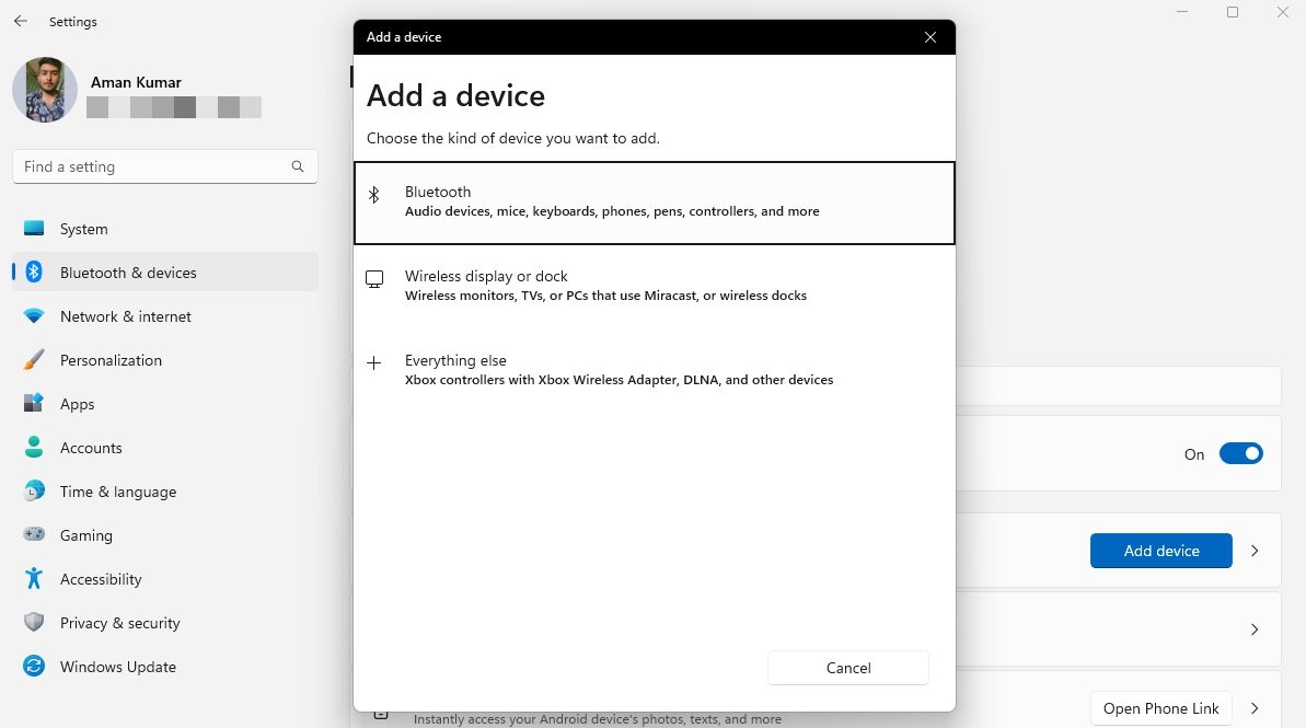 Add a device option in the Settings app