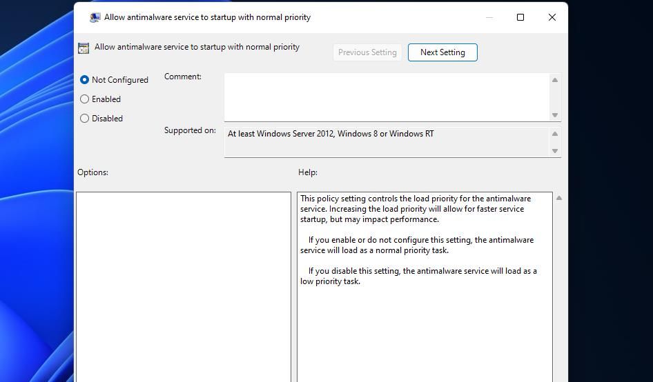 The Allow antimalware service to startup with normal priority window 