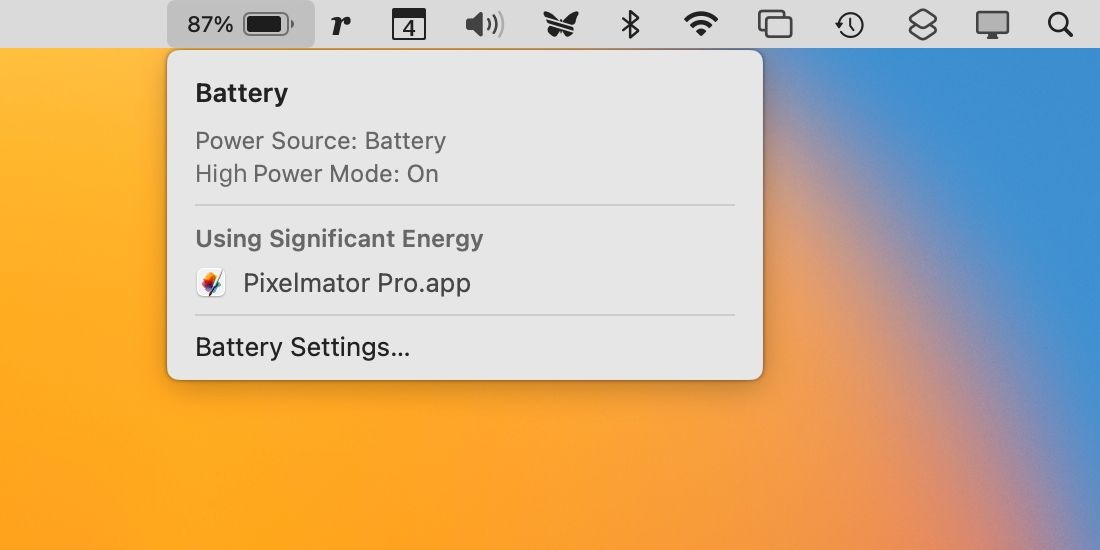 Battery menu bar item on macOS Ventura showing High Power Mode is turned on 