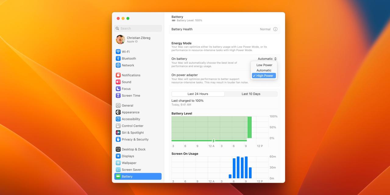 Selecting High Power Mode in Battery settings on macOS Ventura