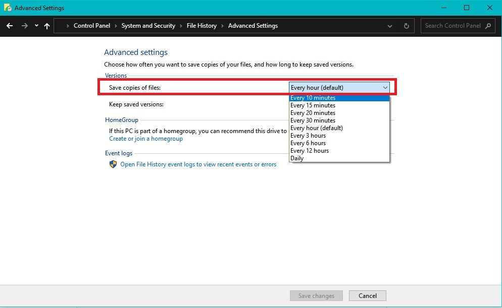 Backup Frequency Page on File History Advanced Settings