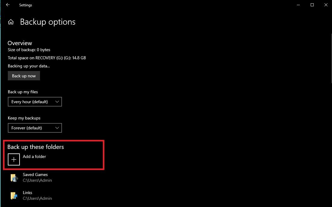 Backup these folders link on the More options page