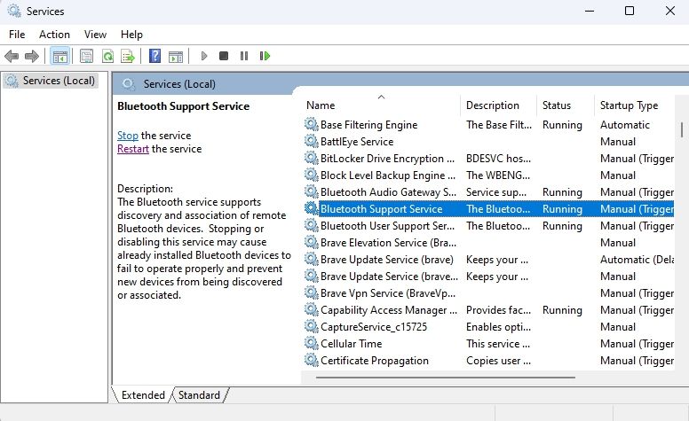 Bluetooth Support Service in the Service window