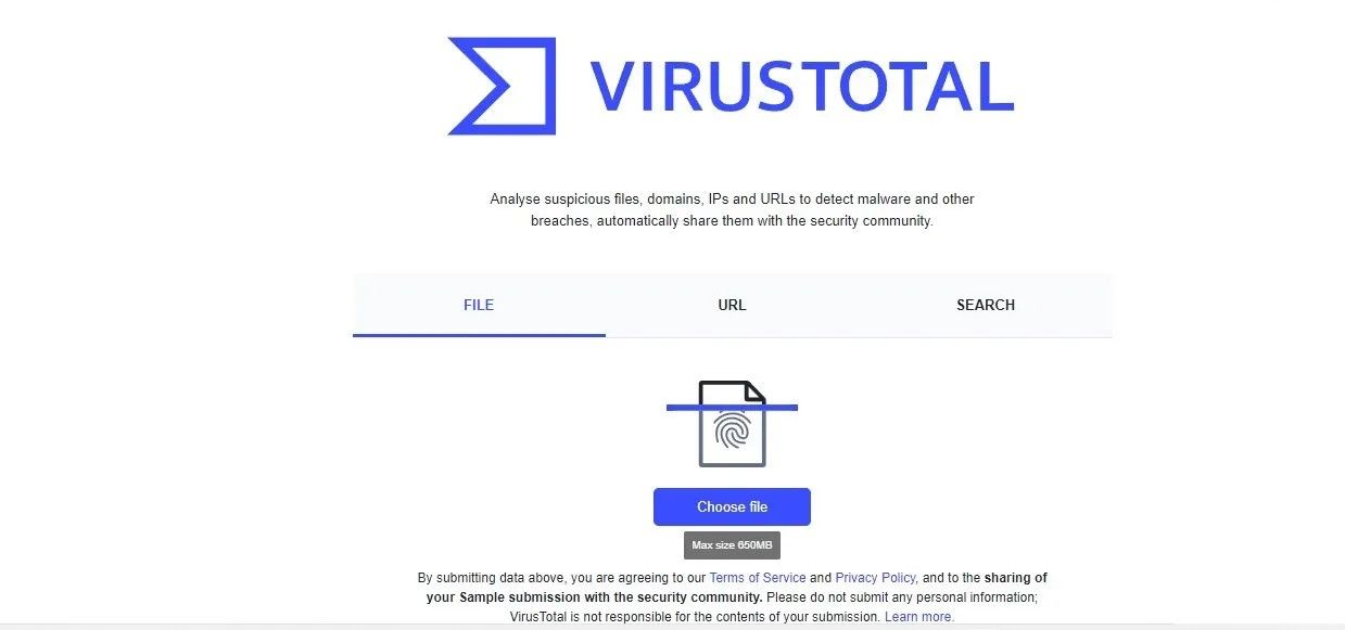 clicking on the choose file button on the VirusTotal official website