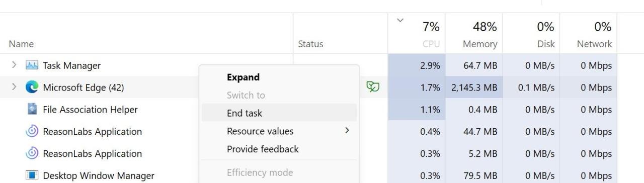 Close Microsoft Edge Process From Windows Task Manager For Consuming the Most CPU Resources