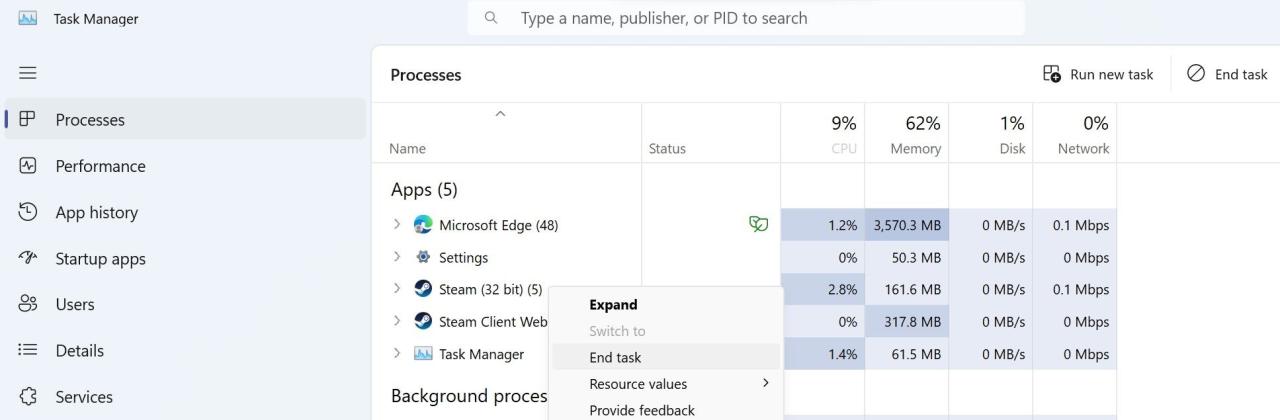 Close the Steam Client Process From Windows Task Manager