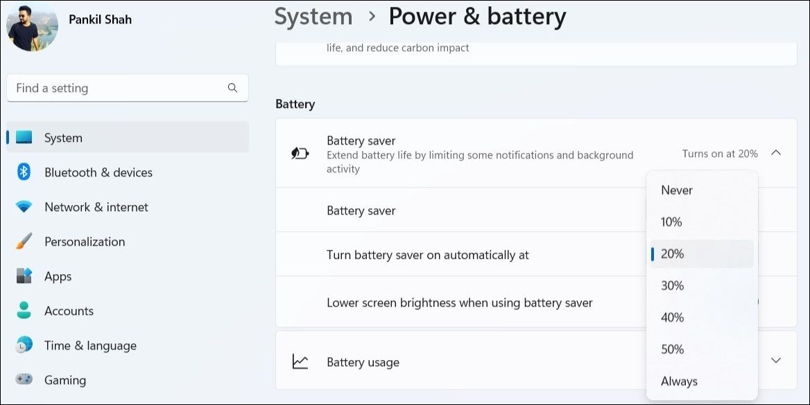 Configure the Battery Saver Mode to Turn On Automatically in Windows