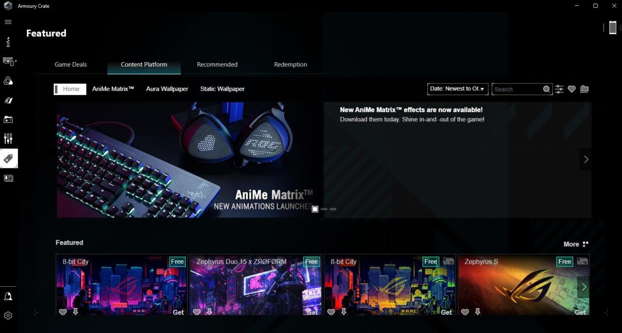 Screenshot Showing the Content Platform in Armoury Crate
