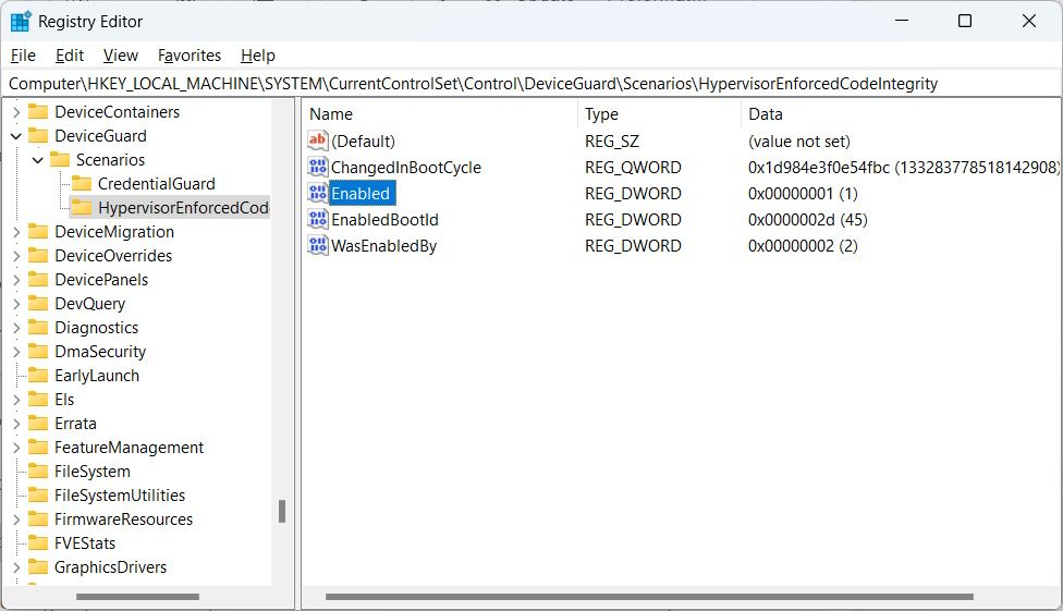 the core isolation memory integrity value in the Registry Editor on Windows