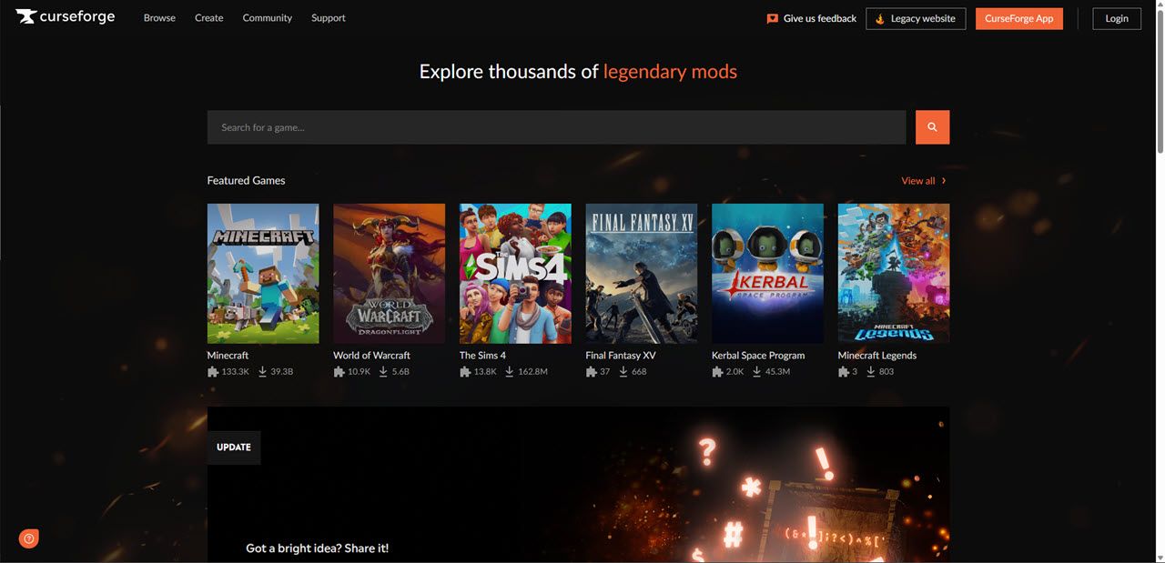 Screenshot of the CurseForge website