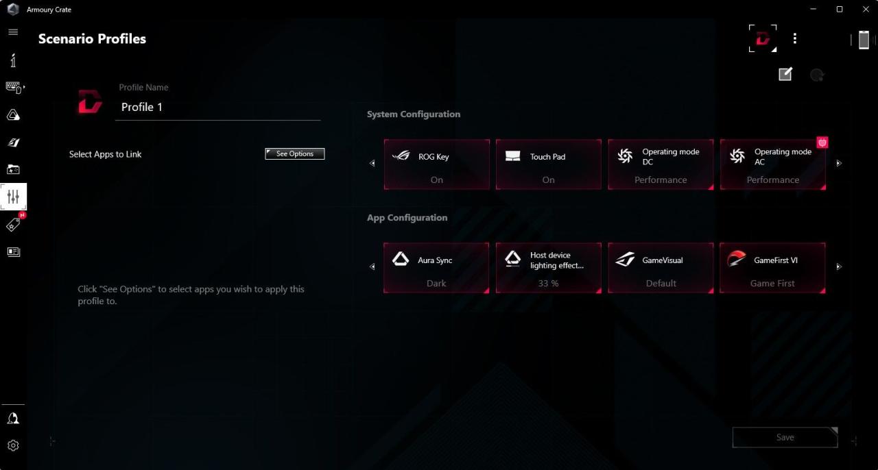 Screenshot Showing Scenario Profile Settings in Armoury Crate