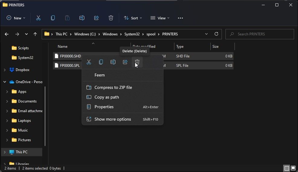 delete printer spooler service files