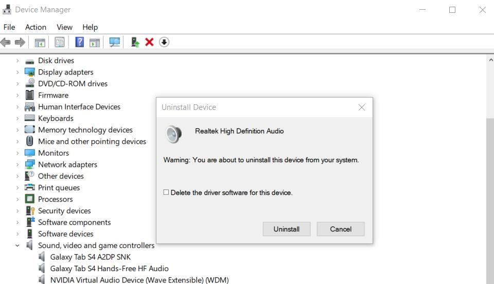 The Delete the driver software for this device option 