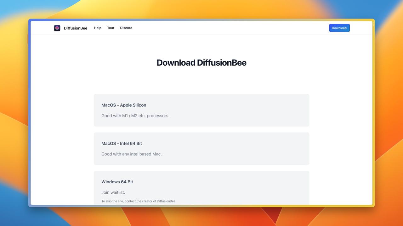 DiffusionBee download page in Arc browser on macOS