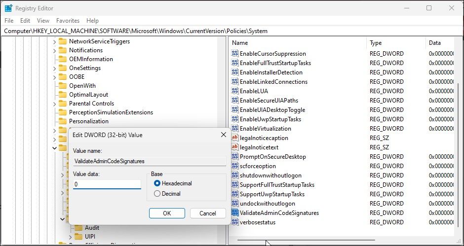 disable validate admin code signatures registry editor value