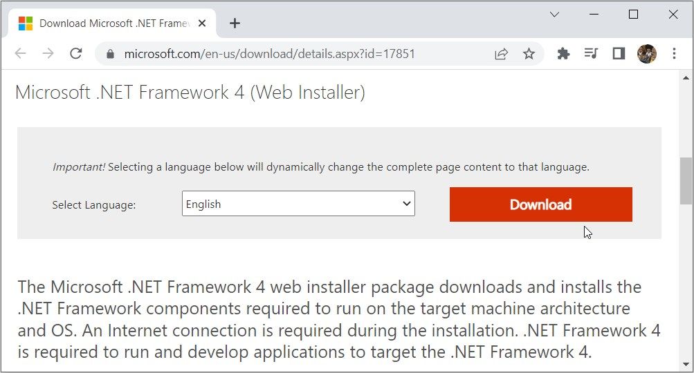 Downloading the Dot NET Framework 4 Using the Web Installer Option