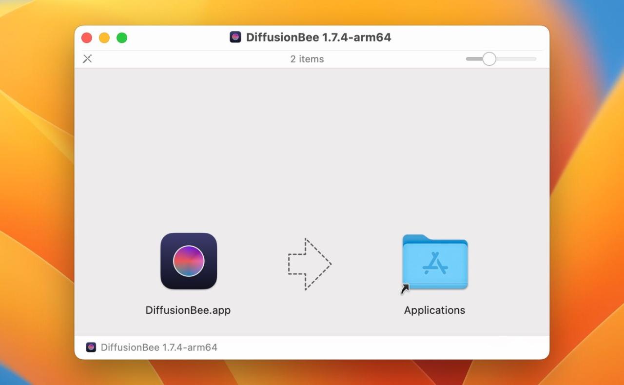 Drag DiffusionBee icon into Applications folder after opening the DMG file