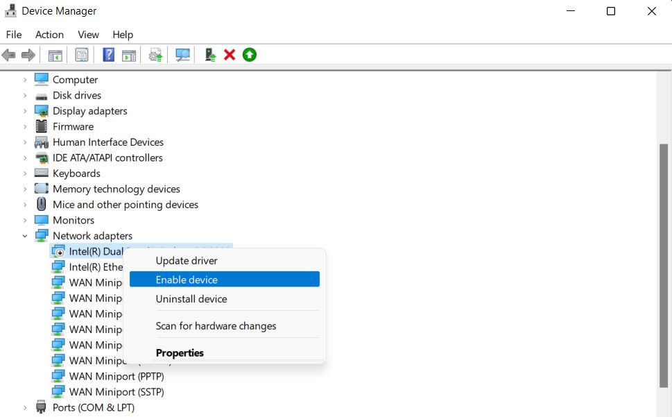 Enabling the network adapter